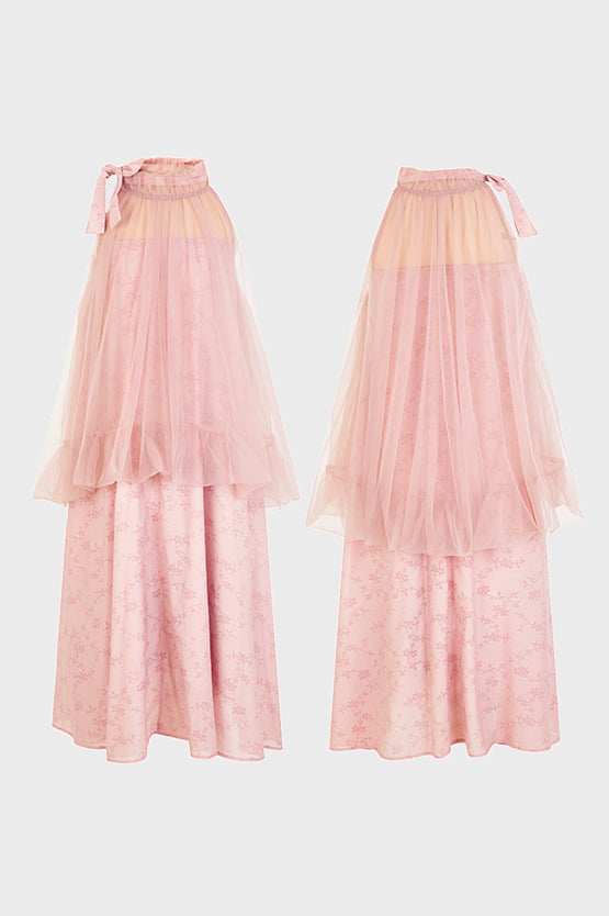 Halter Neck Tulle Contrast Ombre Long Dress with Lining - 3 Colors Available - liwisi