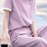 Casual color-block short-sleeve long pants two-piece set. - liwisi
