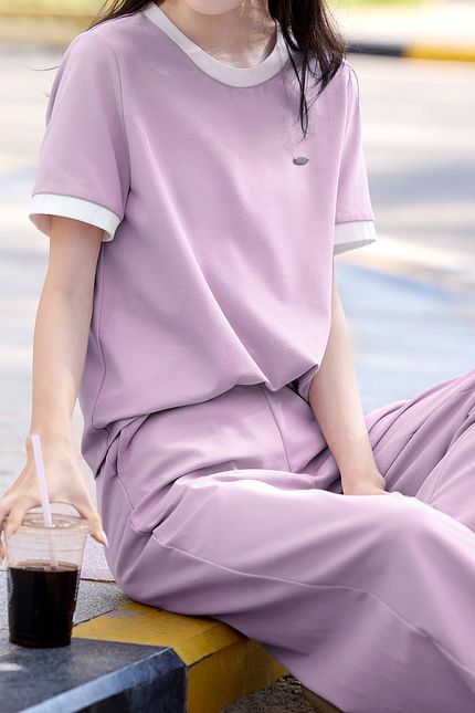 Casual color-block short-sleeve long pants two-piece set. - liwisi