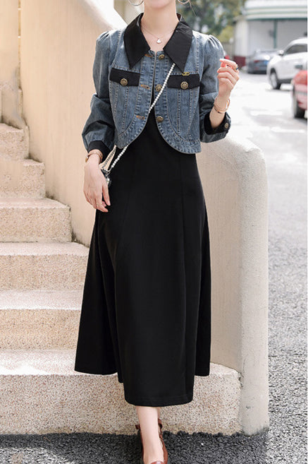 Two-Piece Set: Stand Collar Wrap Jacket + Casual Long Dress - 2 Colors Available - liwisi