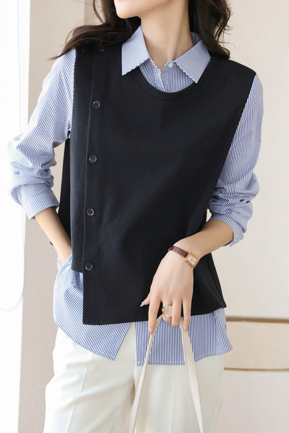 Mixed Material Striped Contrast Blouse - liwisi
