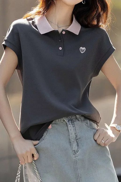 Casual color-block polo collar T-shirt. - liwisi