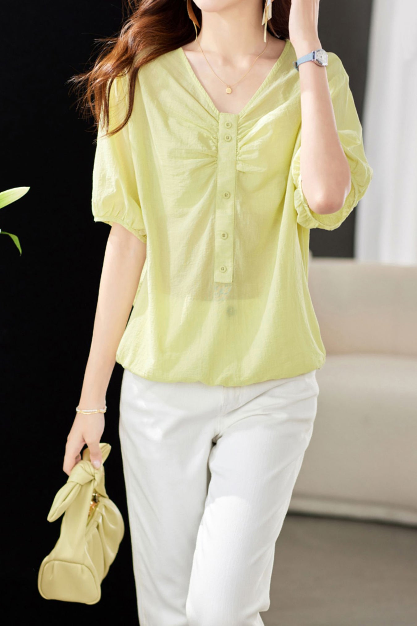 V-Neck Front Button Decor Drawstring Gathered Blouse - 3 Colors Available - liwisi