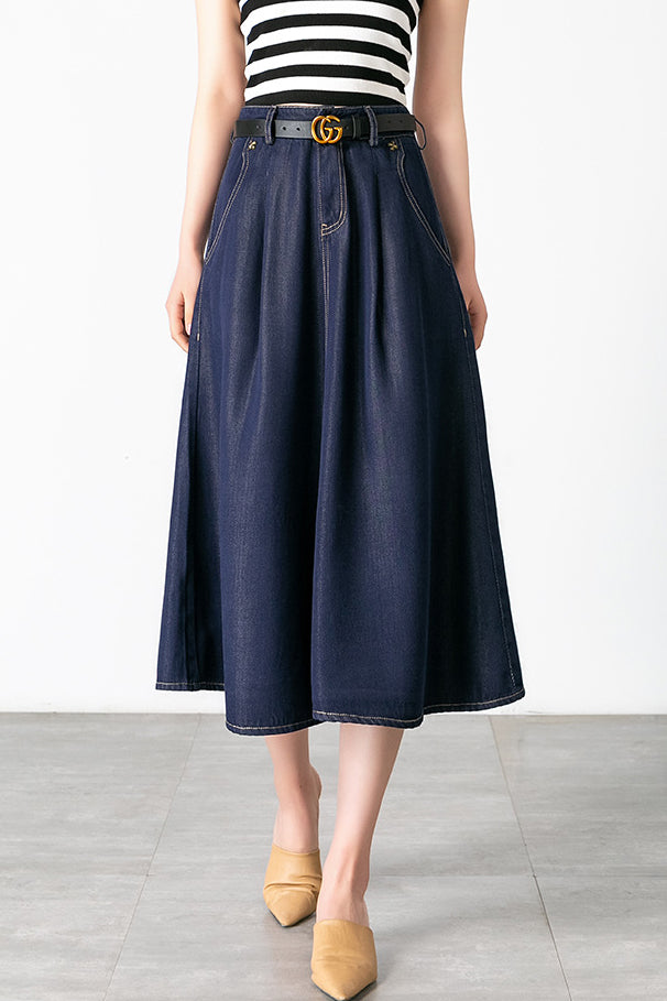 Side Pocket Long Flare Denim Skirt - 2 Colors Available - liwisi
