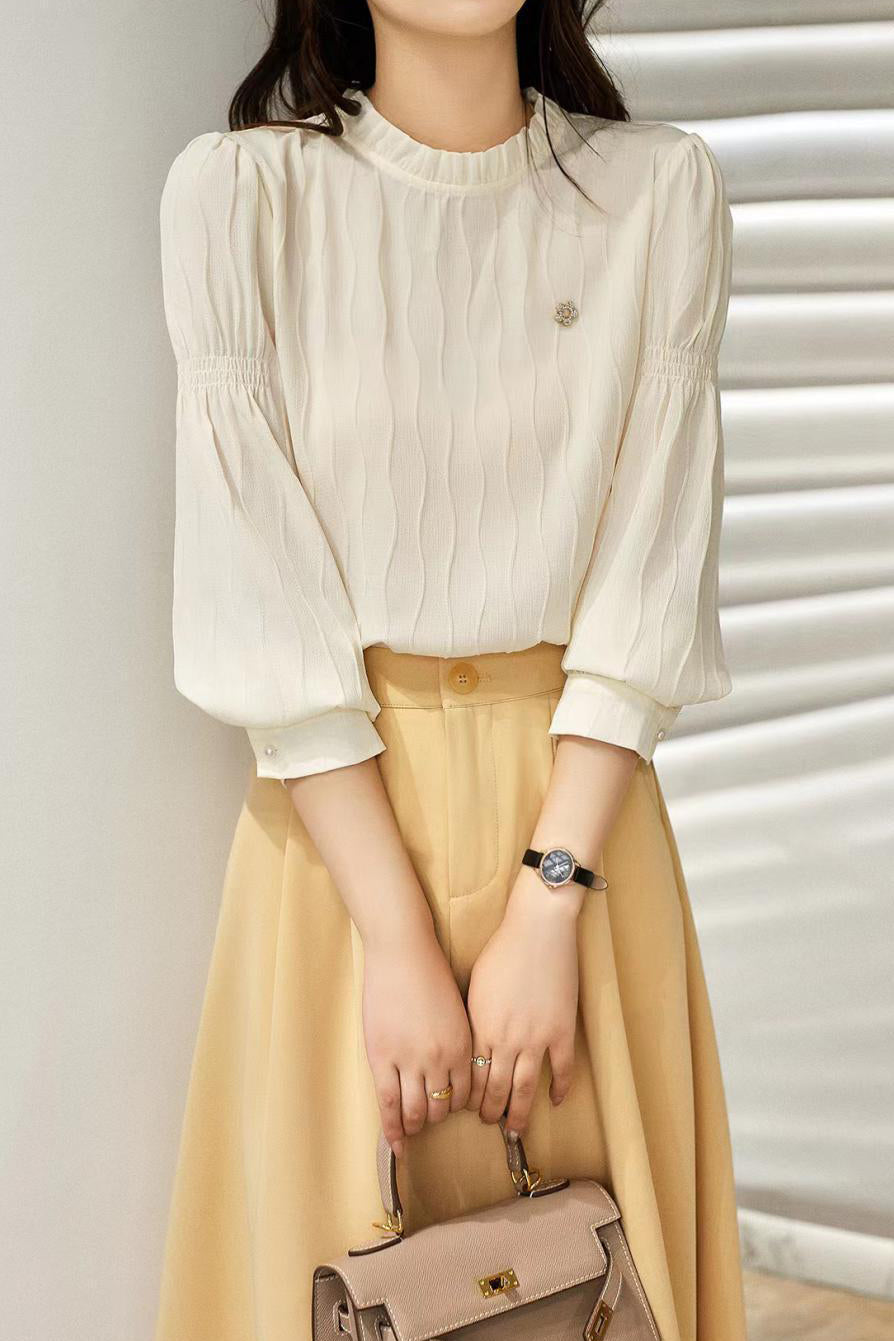 Ruffled Collar Flower Brooch Decor Striped Blouse - 3 Colors Available - liwisi