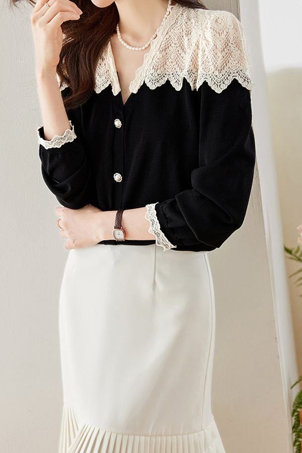 Mixed Material V-Neck Embroidered Lace Cape Shoulder Knit - liwisi