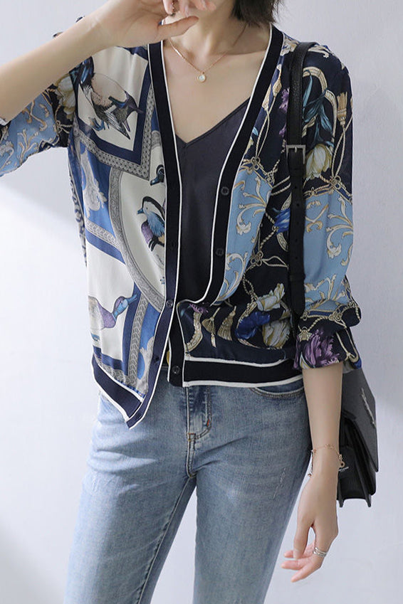 V-Neck Flower Print Short Sleeve Cardigan - liwisi