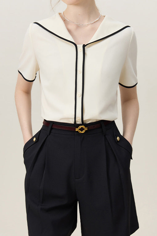 Sailor Collar Contrasting Piping Hem Sheer Blouse - liwisi