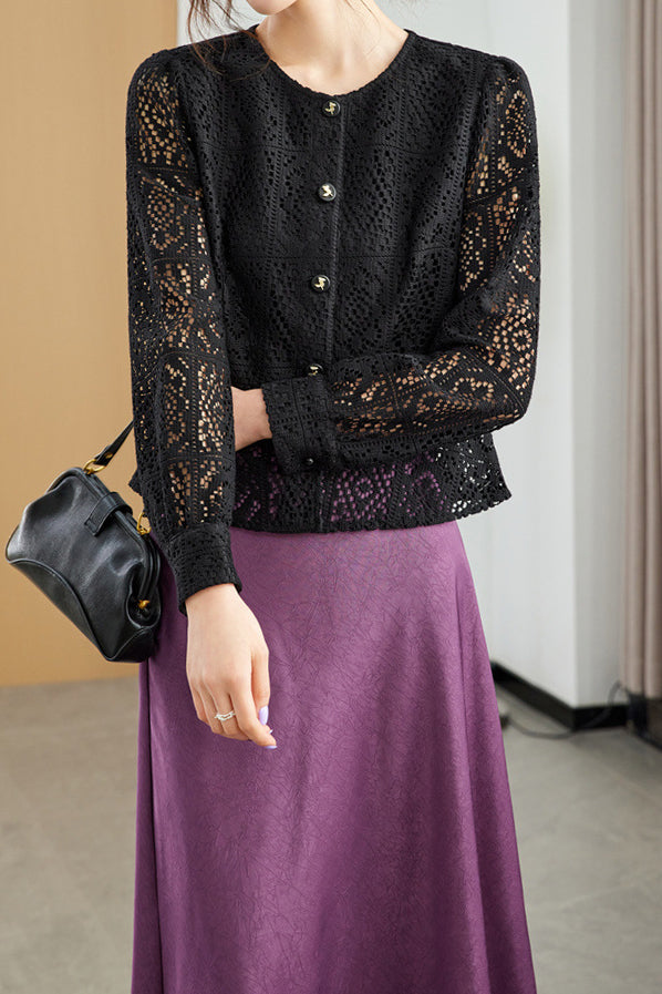 Round Neck Openwork Long Sleeve Cardigan with Lining - 2 Colors Available - liwisi