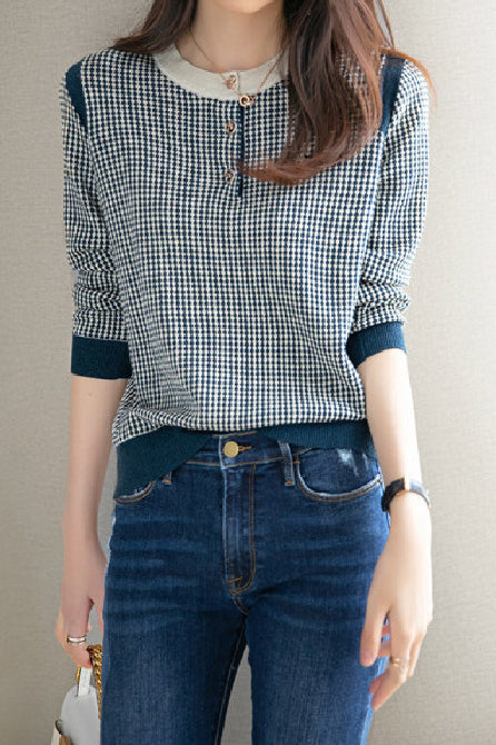 Round Neck Slit Opening Check Knit - 2 Colors Available - liwisi