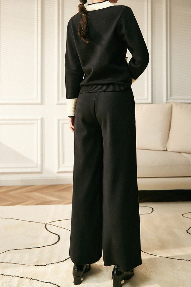 Elegant Contrast Color Patchwork Knit Top & Wide-Leg Pants Two-Piece Set - liwisi