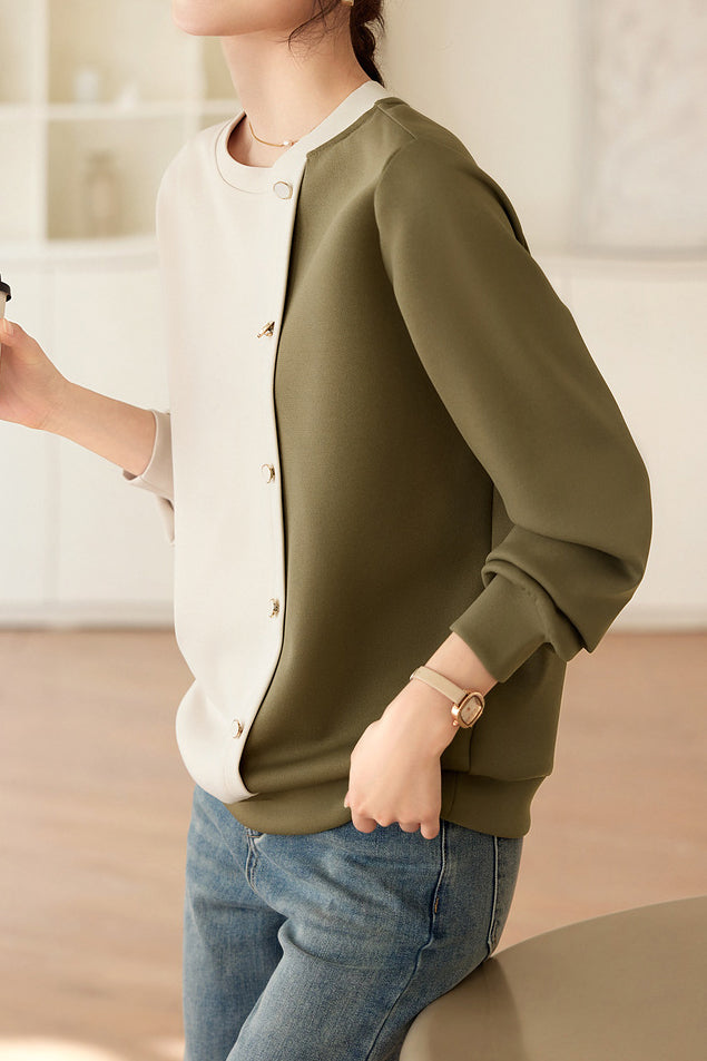 Bi-Color Button Decor Asymmetrical Sweatshirt - liwisi