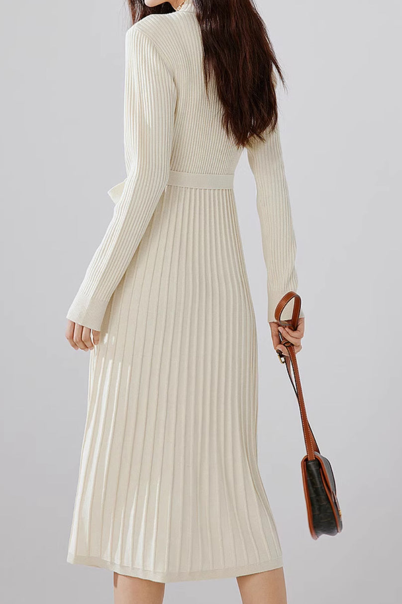Bottle Neck Pleated Docking Knit Dress - 2 Colors Available - liwisi