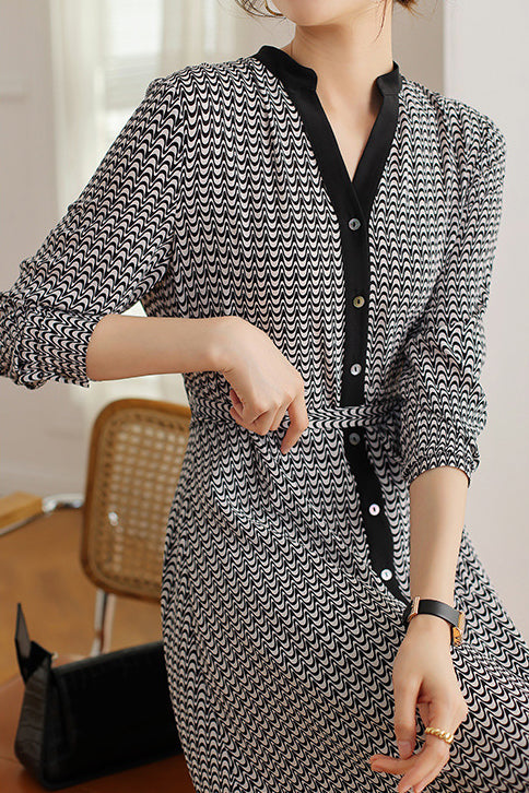 Skipper Collar Printed Tie-Belted Dress with Lining - liwisi