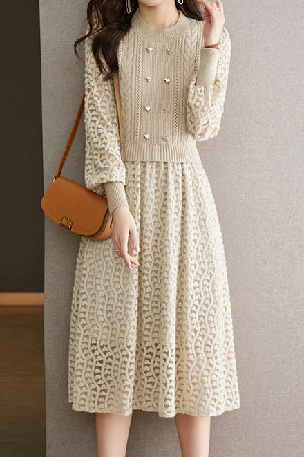 Mixed Material Heart Double Button Knit Dress - 3 Colors Available - liwisi