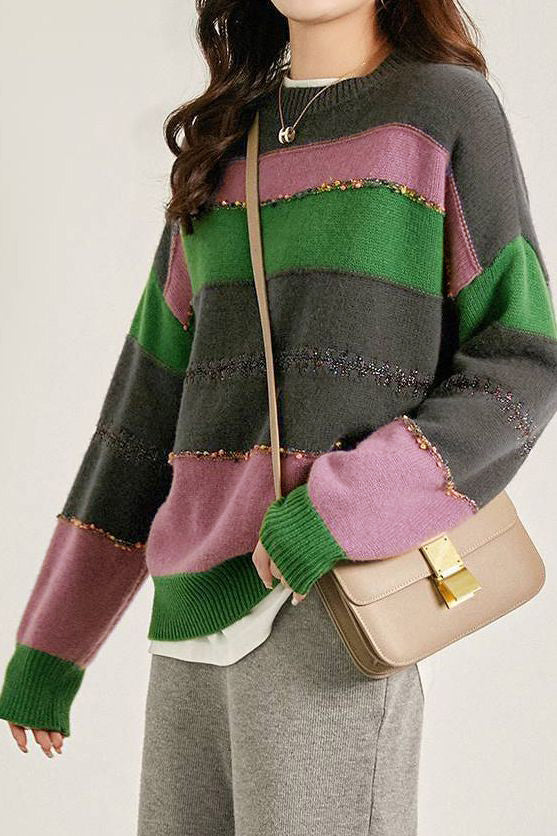 Patchwork color-contrasting striped sweater - liwisi