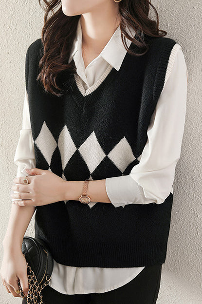 Casual V-Neck Diamond Pattern Knit Vest - 3 Colors Available - liwisi