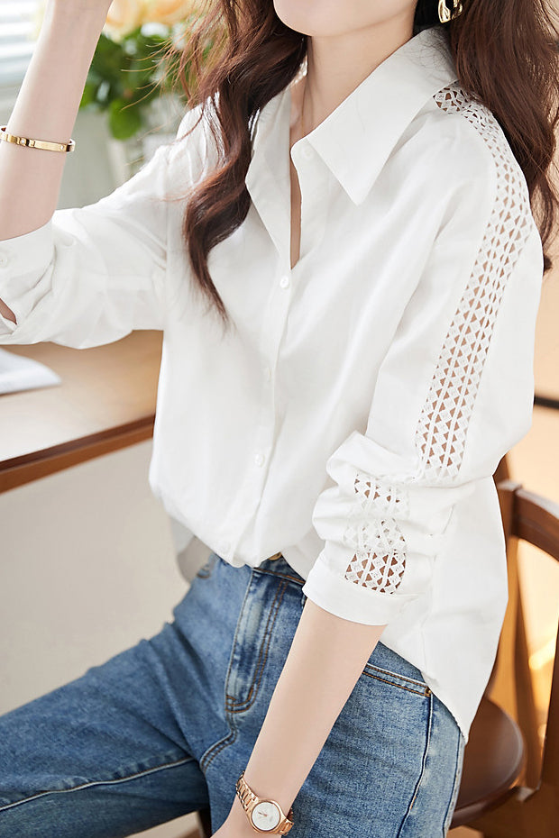 Sheer Lace Contrast Drop Shoulder Shirt - liwisi