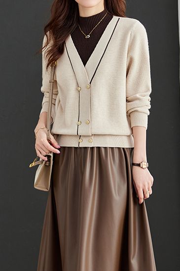 Contrast - color fake two - piece knitted sweater - liwisi