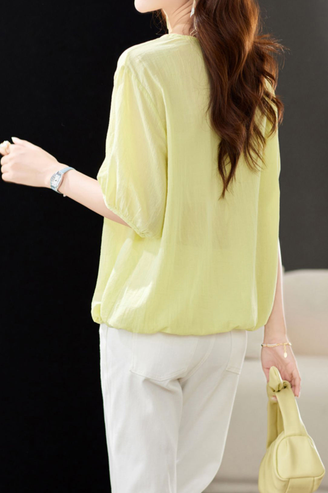 V-Neck Front Button Decor Drawstring Gathered Blouse - 3 Colors Available - liwisi
