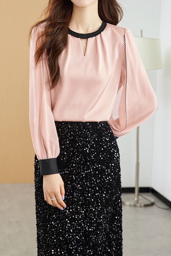 Front Cut-Out Long Sleeve Satin Blouse - 2 Colors Available - liwisi