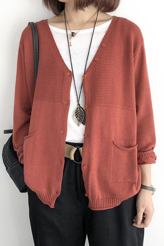 V-Neck Rib Knit Cardigan with Contrast - 5 Colors Available - liwisi