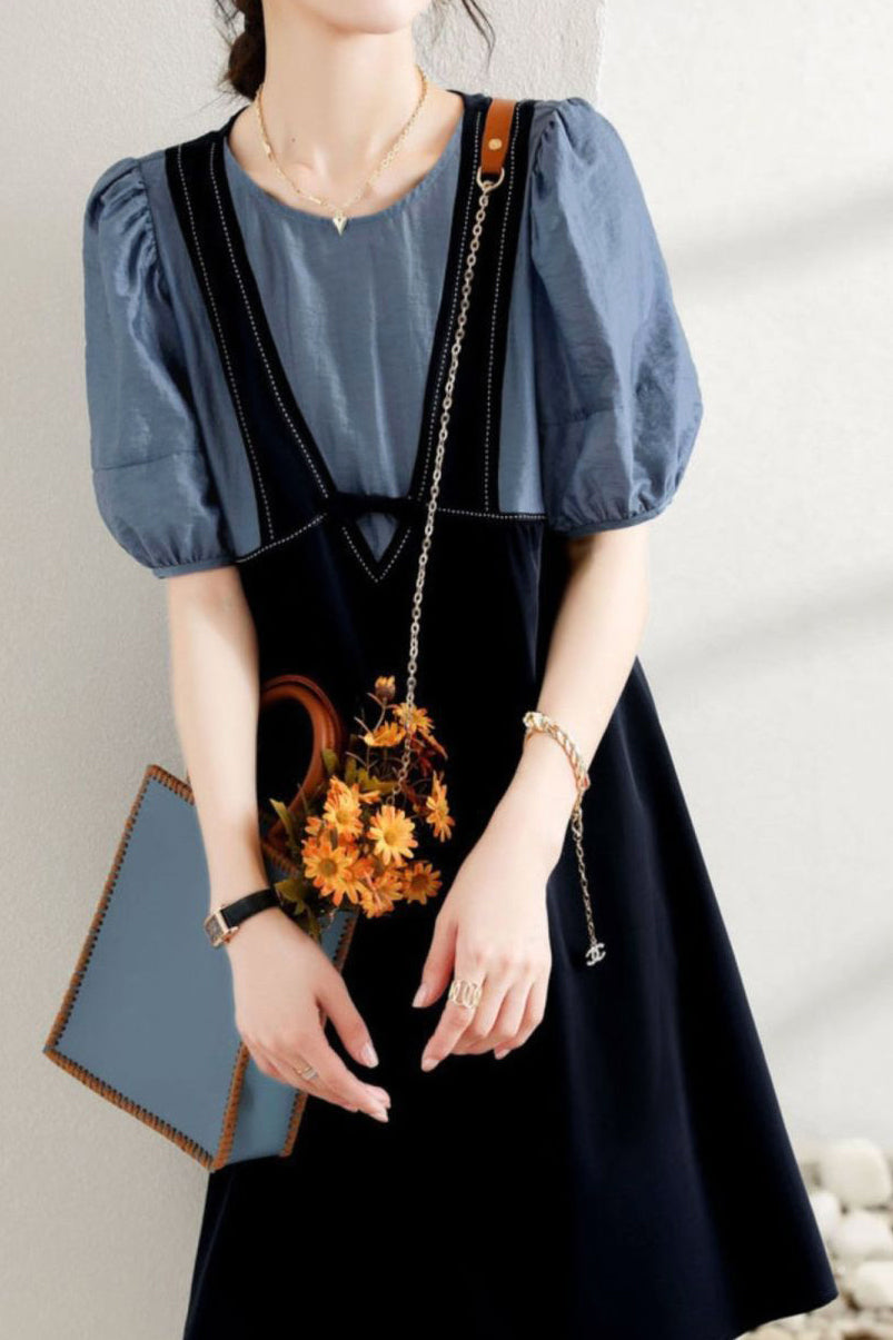 Layered Look Stitch Decor Semi-Flare Dress - 2 Colors Available - liwisi