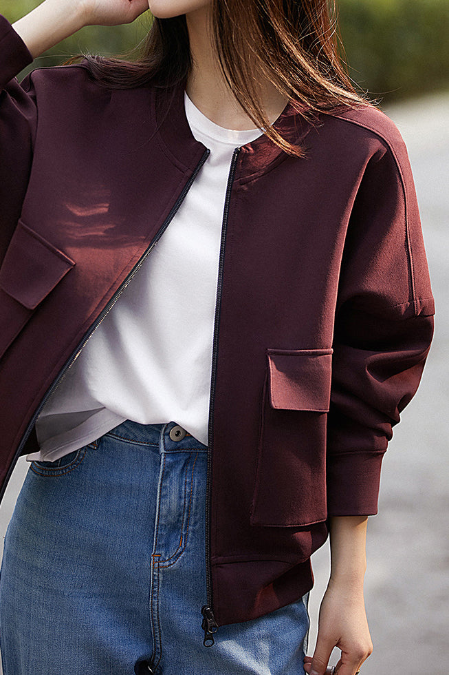 Round Neck Double Flap Pocket Long Sleeve Blouson-2 Colors Available - liwisi