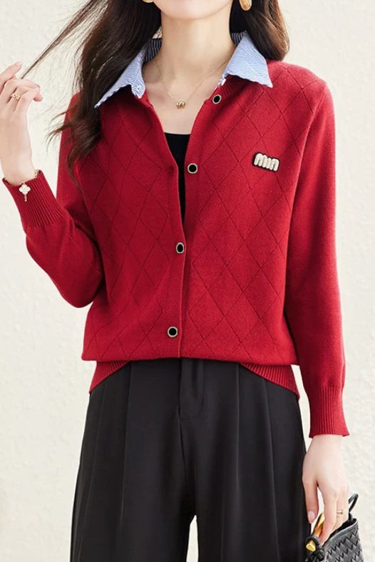 Mixed Material Shirt Collar Striped Logo Embroidered Knit Cardigan - 3 Colors Available - liwisi