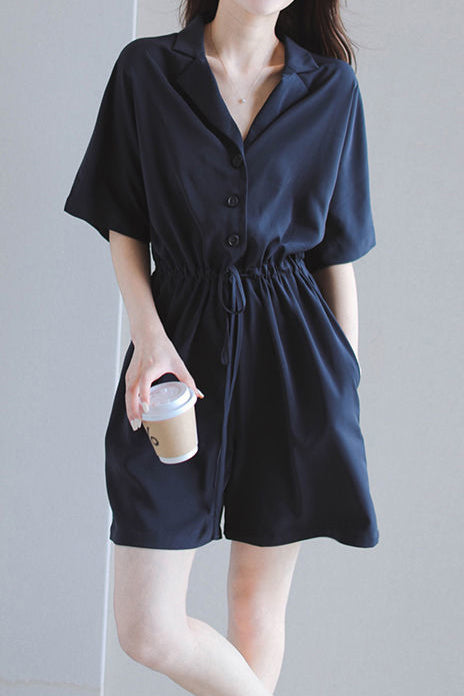 Notch Lapel Color Drawstring Short Overall - 2 Colors Available - liwisi