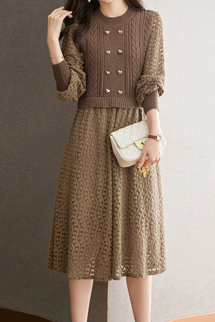 Mixed Material Heart Double Button Knit Dress - 3 Colors Available - liwisi