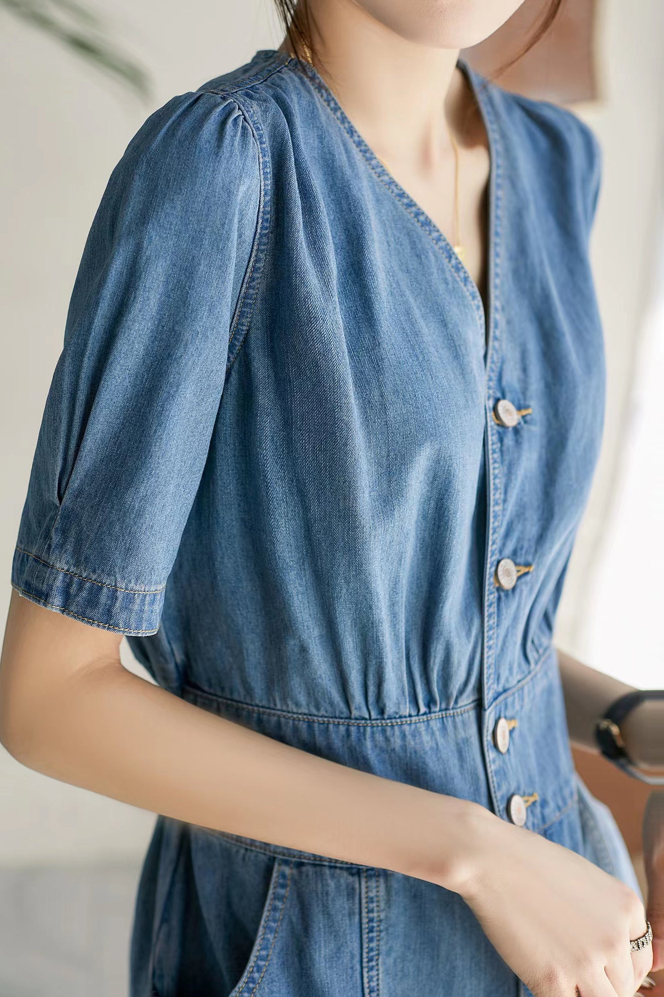 V-Neck Front Slit Mermaid Denim Dress - liwisi
