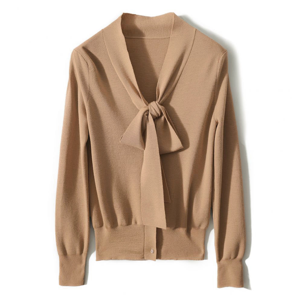V-Neck Ribbon Tie Wool-Like Knit - 5 Colors Available - liwisi