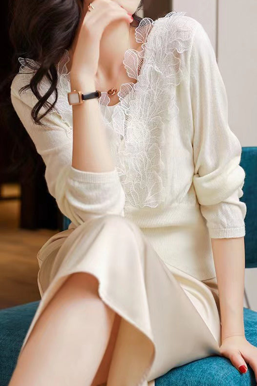 V-Neck Embroidered Lace Decor Knit Cardigan - 3 Colors Available - liwisi