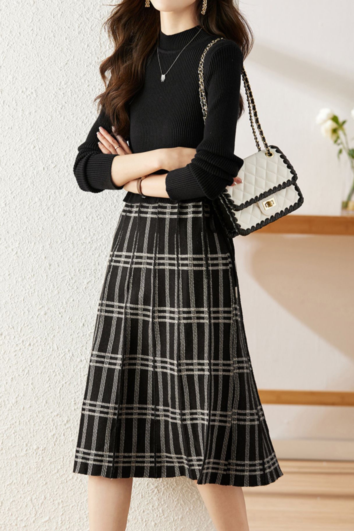 Drawstring Check Contrast Knit Dress - 2 Colors Available - liwisi