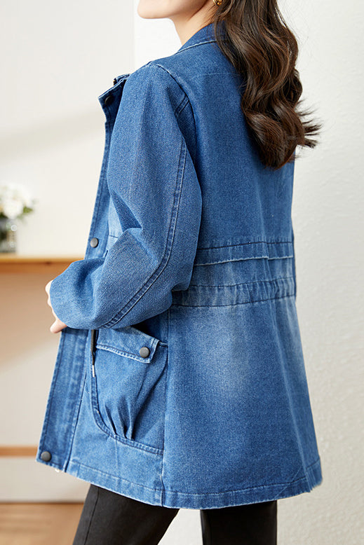 Stand Collar Zip-Up Denim Jacket - liwisi