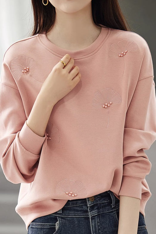 Plain Ginkgo Leaf Embroidered Beaded Sweatshirt - 2 Colors Available - liwisi