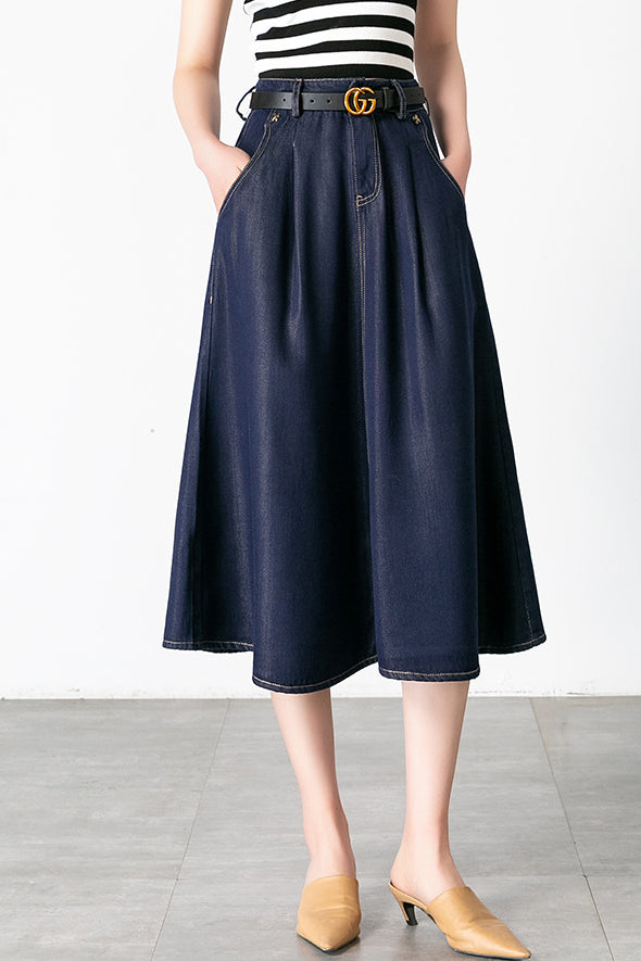 Side Pocket Long Flare Denim Skirt - 2 Colors Available - liwisi