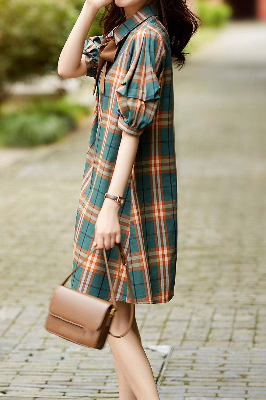 Ribbon Tie Check Pattern Dress - liwisi
