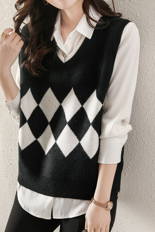 Casual V-Neck Diamond Pattern Knit Vest - 3 Colors Available - liwisi