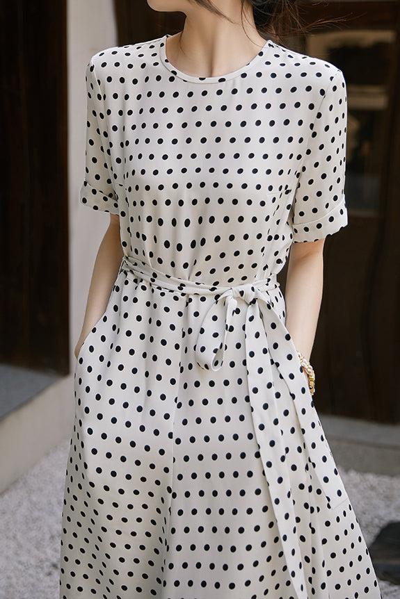 Round Neck Dot Pattern Semi-Flare Dress with Lining - 2 Colors Available - liwisi