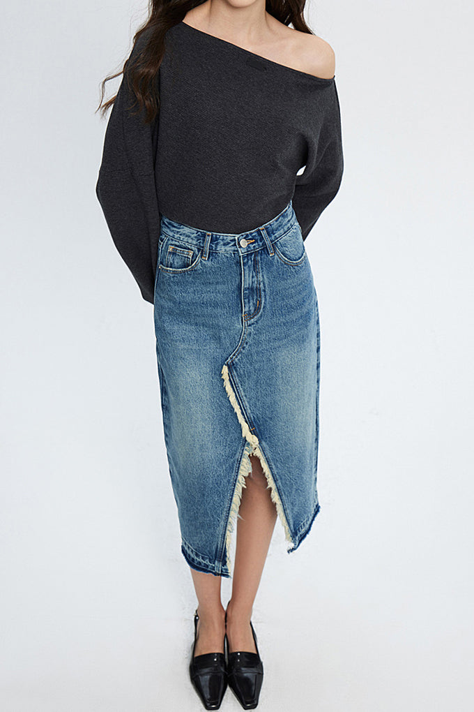 Fringe Decor Front Slit Long Denim Skirt - liwisi