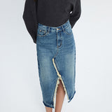 Fringe Decor Front Slit Long Denim Skirt - liwisi