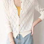 Round Neck Open Knit Check Pattern Cardigan - 3 Colors Available - liwisi
