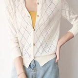 Round Neck Open Knit Check Pattern Cardigan - 3 Colors Available - liwisi