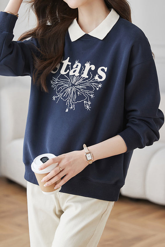 Casual Letter Embroidered Faux Layered Collar Sweatshirt - liwisi