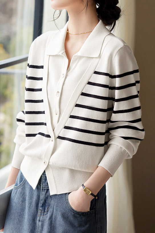 Striped V-Neck Long Sleeve Knit - liwisi
