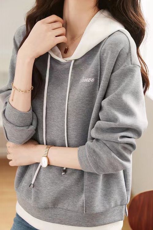 Color Block Drawstring Hooded Faux Layered Sweatshirt - liwisi