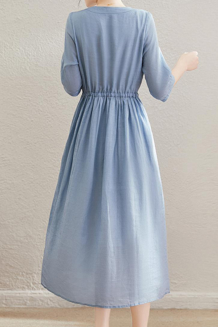 V-Neck Drawstring Long Flare Dress with Lining - liwisi