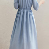 V-Neck Drawstring Long Flare Dress with Lining - liwisi